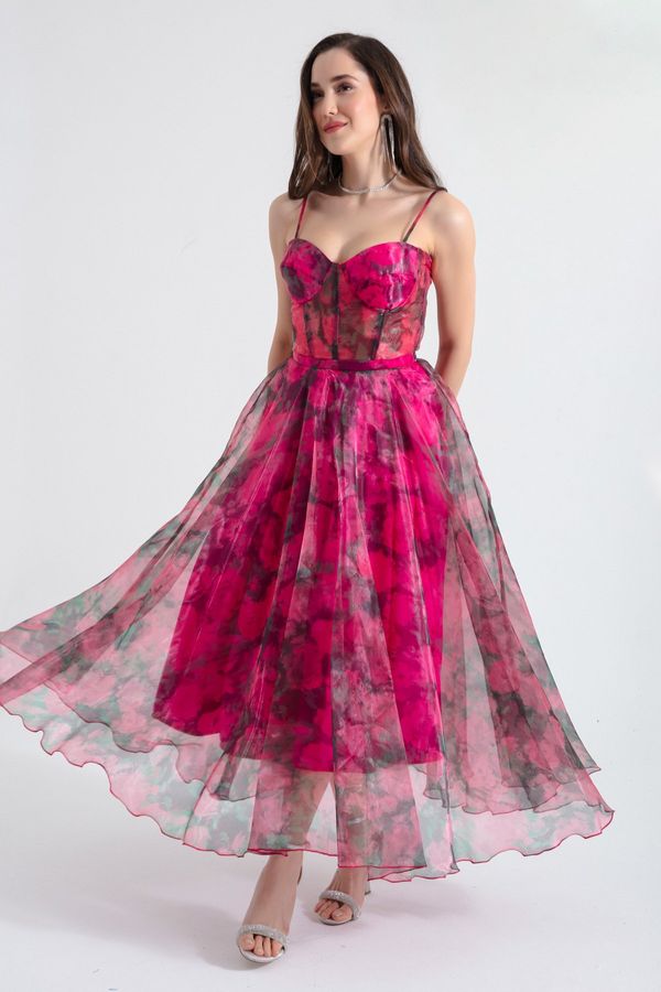 Lafaba Lafaba Women's Fuchsia Design Organza Evening Dress