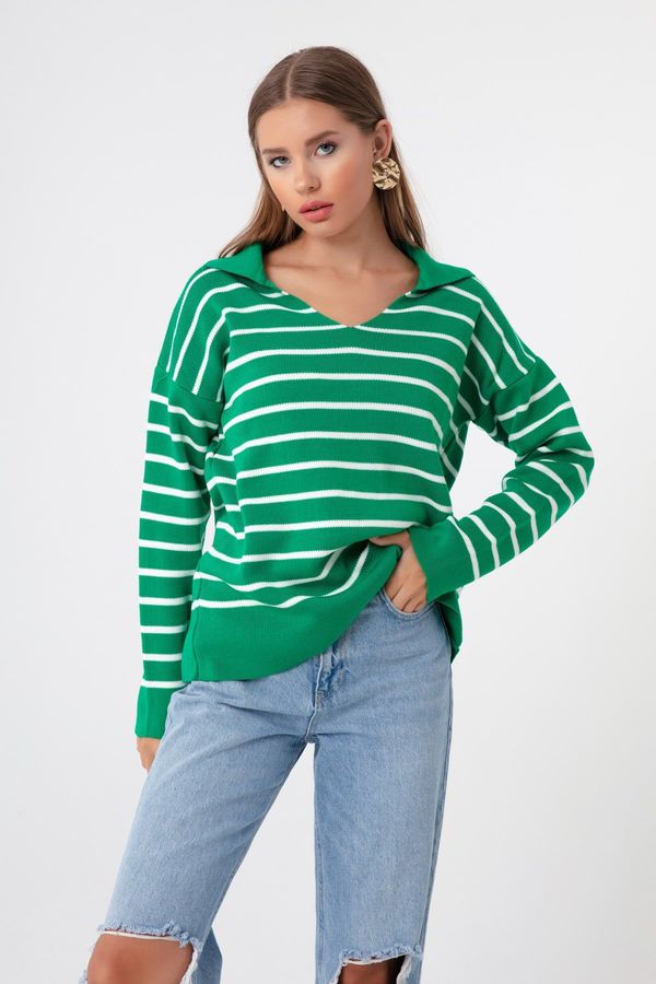 Lafaba Lafaba Women's Green Shirt Collar Striped Knitwear Sweater