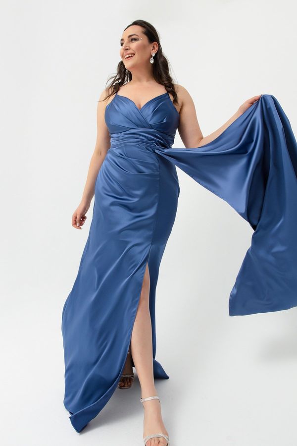 Lafaba Lafaba Women's Indigo Plus Size Long Satin Evening Dress & Prom Dress