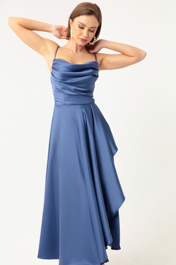 Lafaba Lafaba Women's Indigo Ruffles and Slit Satin Midi Length Evening Dress &; Prom Dress.