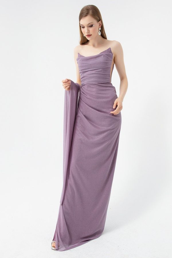 Lafaba Lafaba Women's Lavender Chest Draped Glittery Evening Dress with a slit.