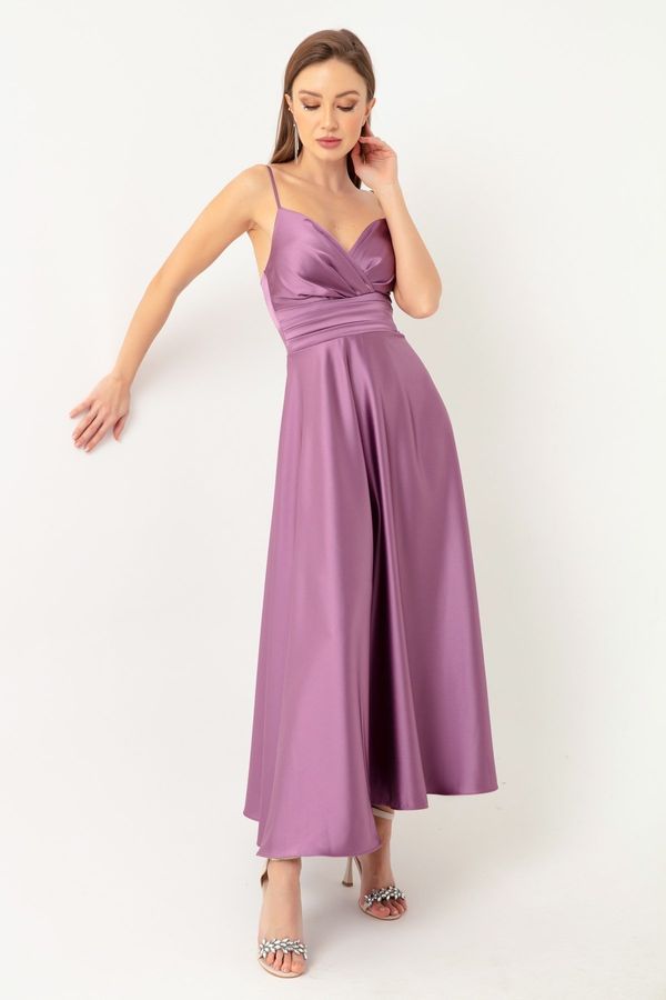 Lafaba Lafaba Women's Lavender Satin Midi Evening Dress &; Prom Dress with Thread Straps and Waist Belt
