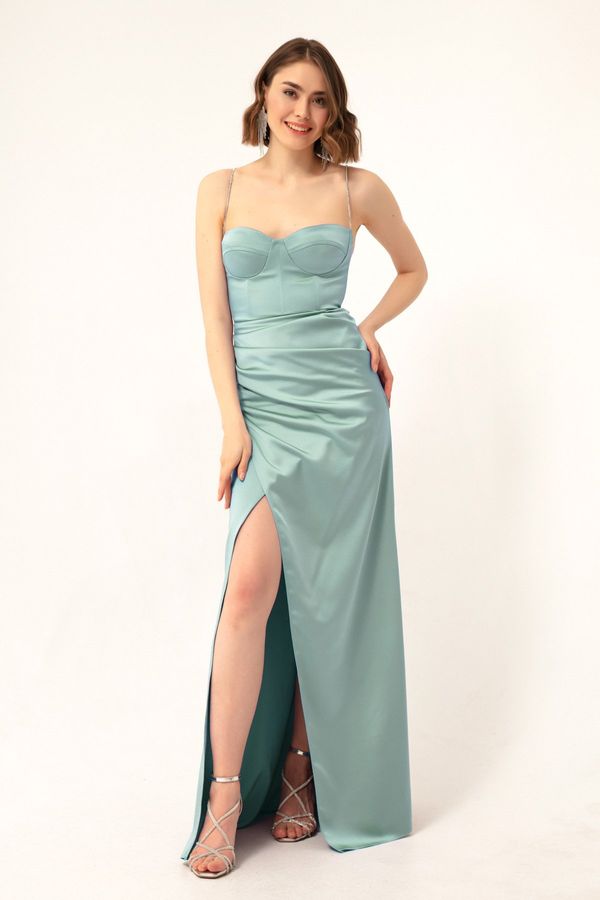 Lafaba Lafaba Women's Mint Green Long Satin Evening Dress with Stone Straps and a Slit