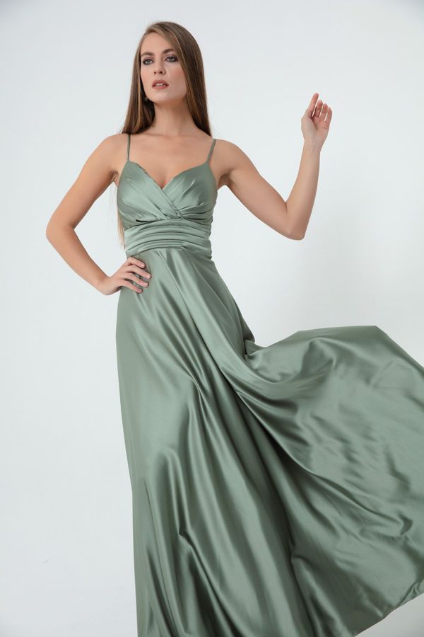 Lafaba Lafaba Women's Mint Green Rope Strap Waist Belted Satin Long Evening Dress & Graduation Dress