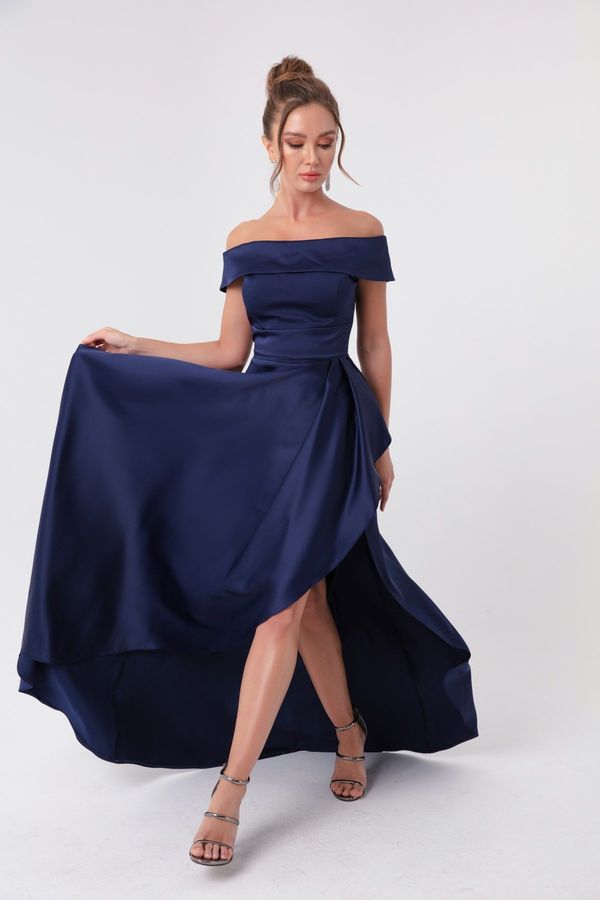 Lafaba Lafaba Women's Navy Blue Bateau Neck Satin Evening & Prom Dress