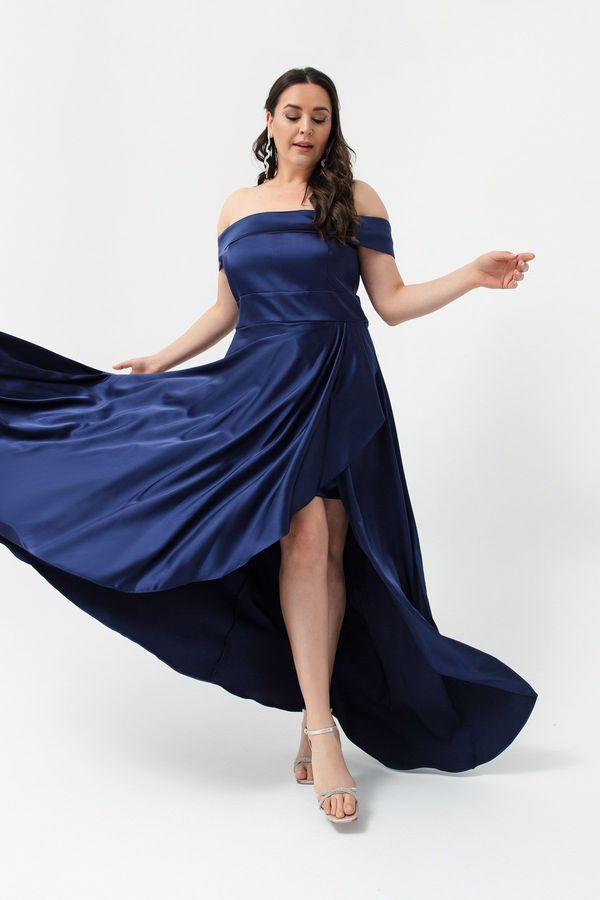 Lafaba Lafaba Women's Navy Blue Boat Neck Plus Size Satin Evening Dress & Prom Dress