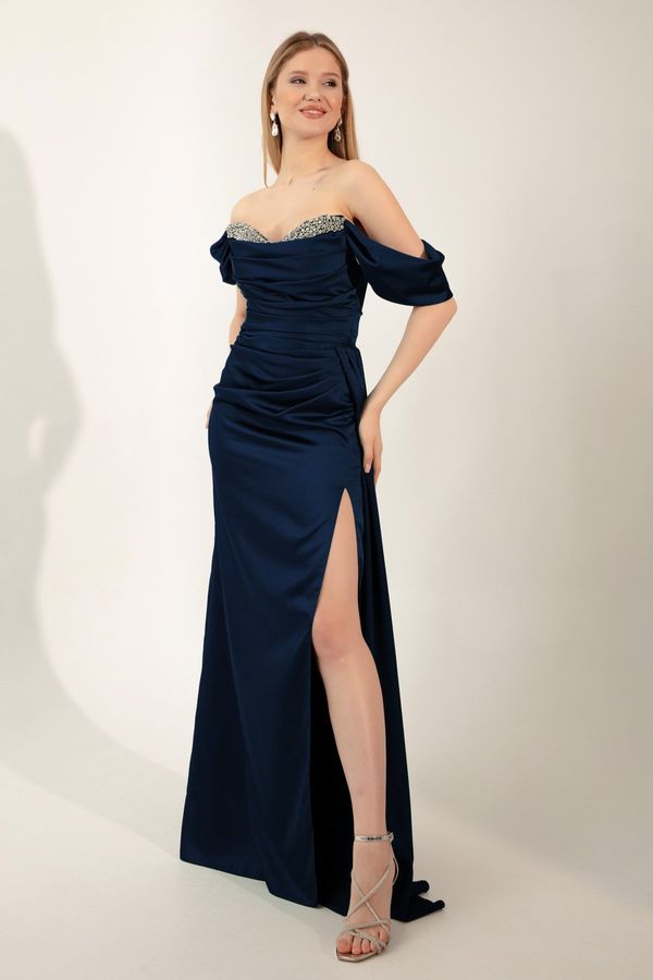 Lafaba Lafaba Women's Navy Blue Boat Neck Slit Long Satin Evening Dress.