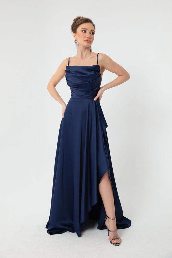 Lafaba Lafaba Women's Navy Blue Flounce Slit Satin Evening Dress & Prom Dress
