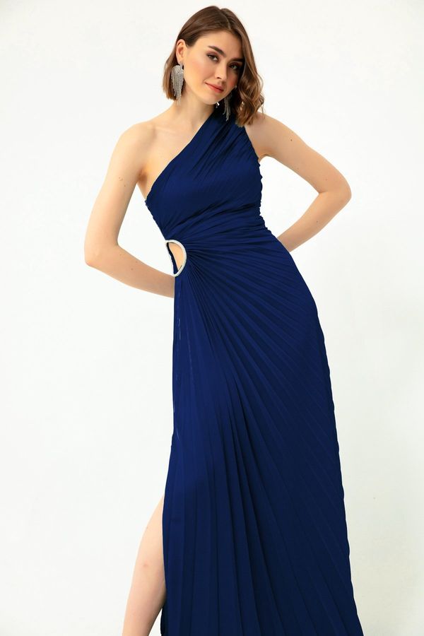 Lafaba Lafaba Women's Navy Blue One-Shoulder Decollete Long Evening Dress.