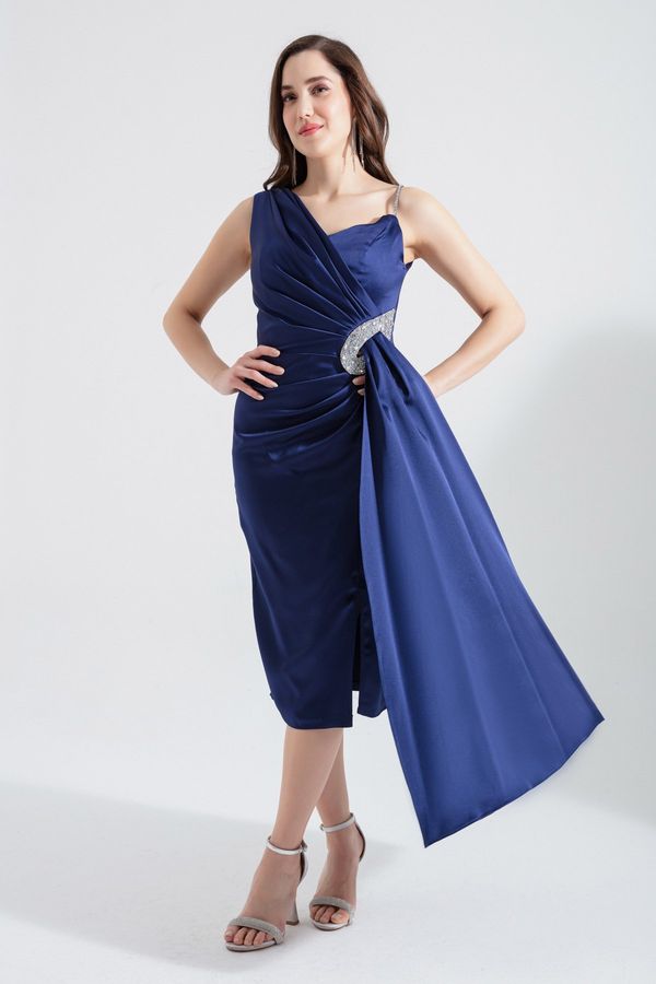 Lafaba Lafaba Women's Navy Blue One Shoulder Jewelled Midi Evening Dress