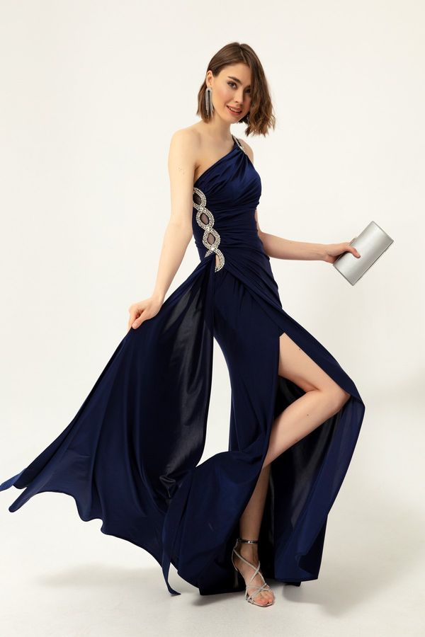 Lafaba Lafaba Women's Navy Blue One-Shoulder Long Evening Dress with Stones.