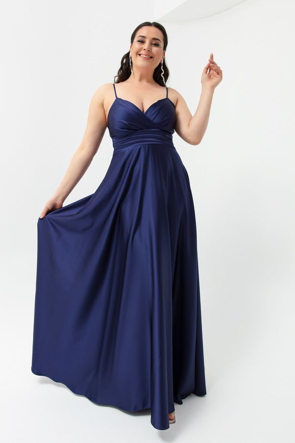 Lafaba Lafaba Women's Navy Blue Rope Strap Plus Size Satin Long Evening Dress &; Graduation Dress