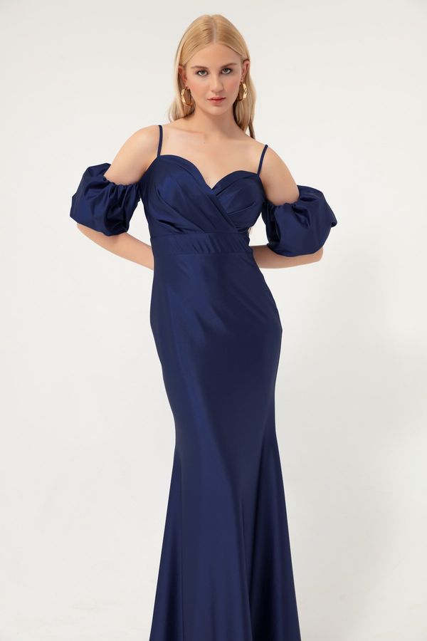 Lafaba Lafaba Women's Navy Blue Rope Straps Low-Sleeve Long Satin Evening Dress.