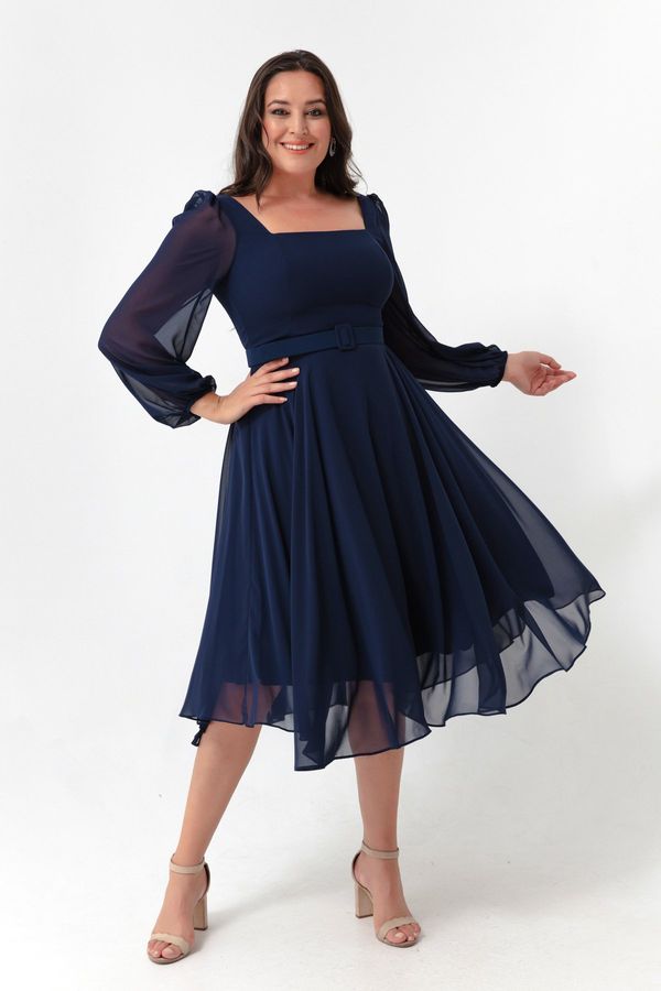 Lafaba Lafaba Women's Navy Blue Square Neck Belted Midi Chiffon Plus Size Evening Dress
