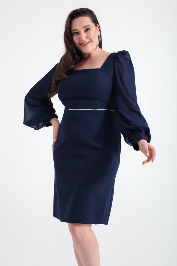 Lafaba Lafaba Women's Navy Blue Square Neck Plus Size Midi Evening Dress