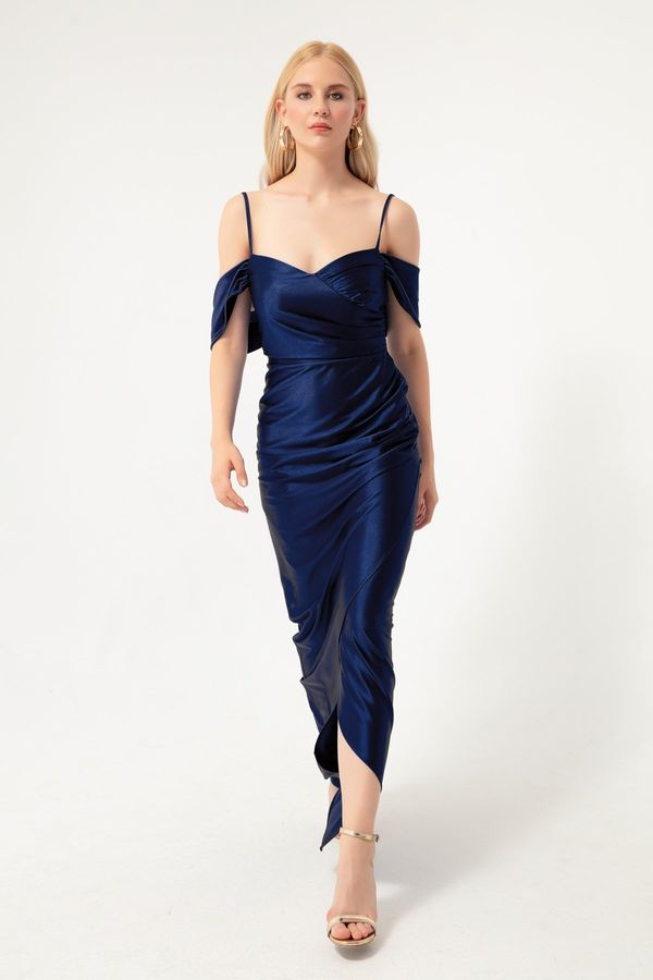 Lafaba Lafaba Women's Navy Blue Thin Strap Double Breasted Neckline Slit Long Evening Dress