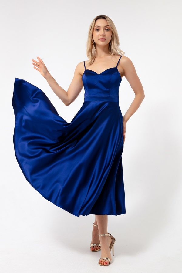 Lafaba Lafaba Women's Navy Blue Thin Strap Midi Satin Evening Dress