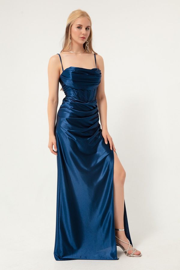 Lafaba Lafaba Women's Navy Blue Underwire Corset Detailed Slit Long Evening Dress