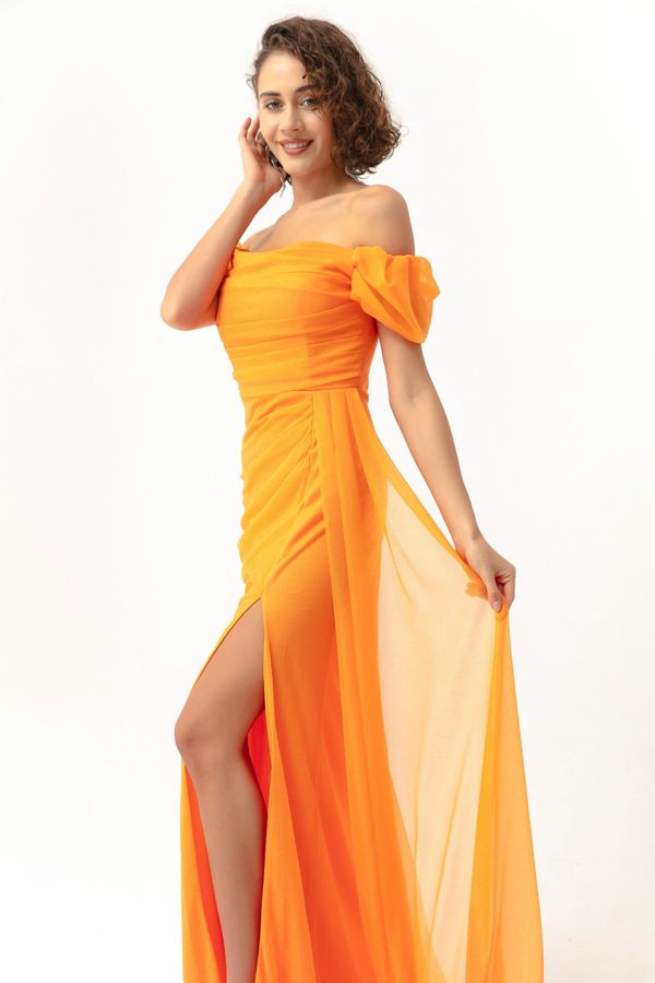 Lafaba Lafaba Women's Orange Boat Collar Draped Long Glittery Evening Dress with a Slit.