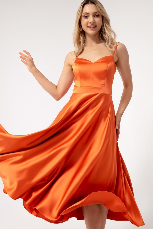 Lafaba Lafaba Women's Orange Thin Straps Midi Satin Evening Dress.