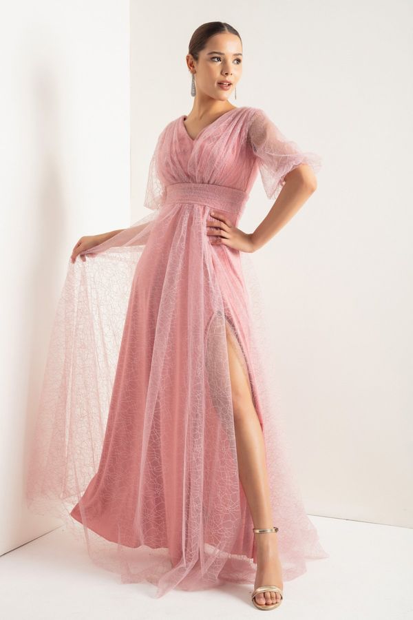Lafaba Lafaba Women's Pink Balloon Sleeve Silvery Long Evening Dress