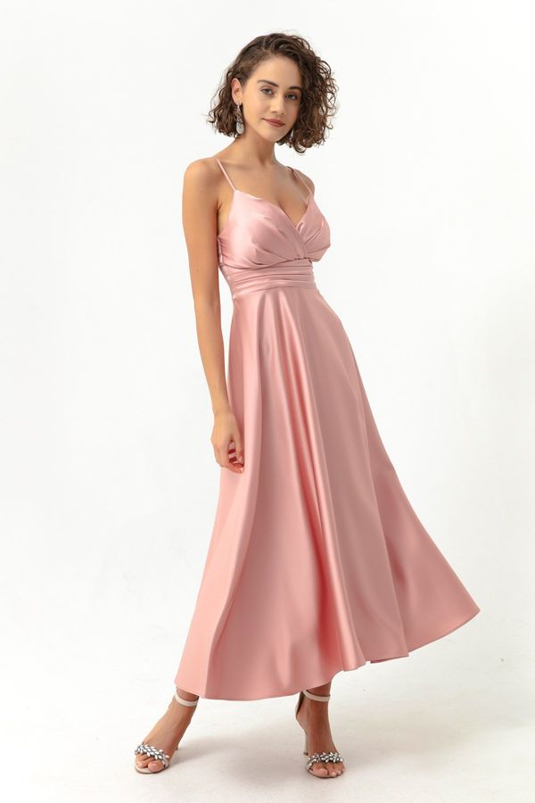 Lafaba Lafaba Women's Pink Satin Midi Evening Dress with Rope Straps and Waist Belt & Prom Dress