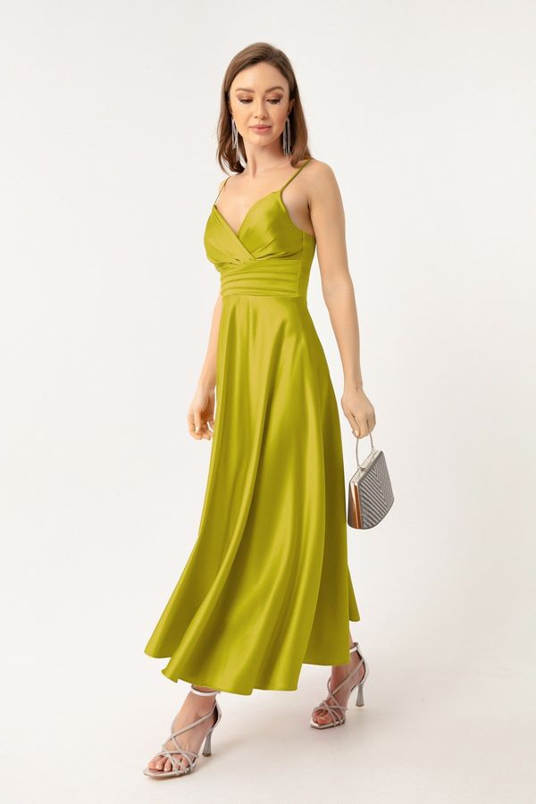Lafaba Lafaba Women's Pistachio Green Satin Midi Evening Dress &; Prom Dress with Rope Straps and Waist Belt.