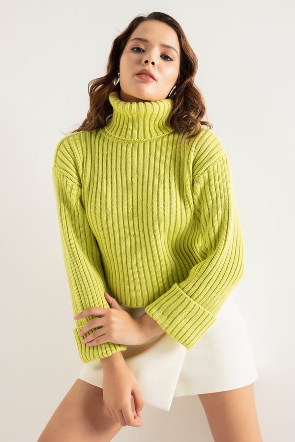 Lafaba Lafaba Women's Pistachio Green Wide Ribbed Turtleneck Knitwear Crop Sweater