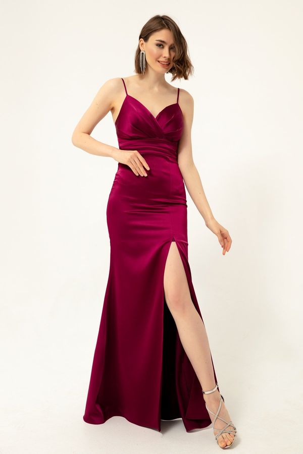 Lafaba Lafaba Women's Plum Halter Slit Long Satin Evening Dress & Prom Dress