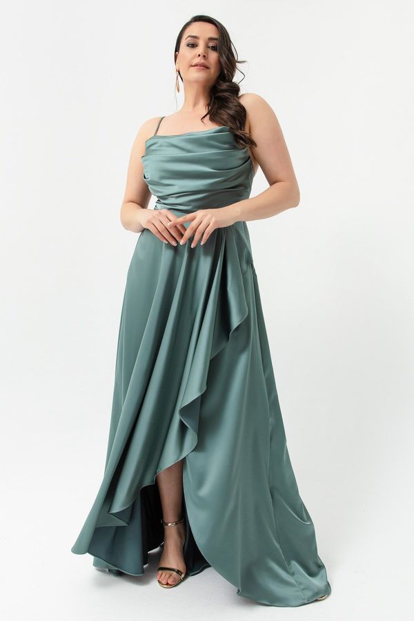 Lafaba Lafaba Women's Plus Size Satin Evening Dress with a Turquoise Pleats Pleat. Graduation Dress