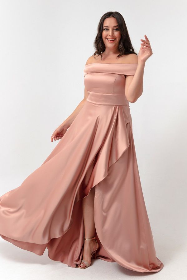 Lafaba Lafaba Women's Powder Boat Neck Plus Size Satin Evening Dress & Prom Dress