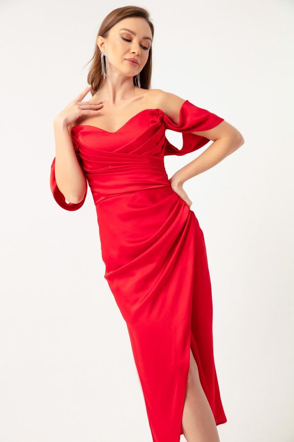 Lafaba Lafaba Women's Red Bateau Neck Draped Midi Evening Dress