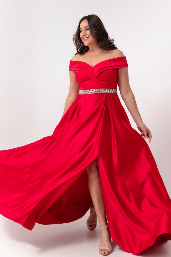 Lafaba Lafaba Women's Red Boat Collar With Stones and Belt Plus Size Evening Dress.