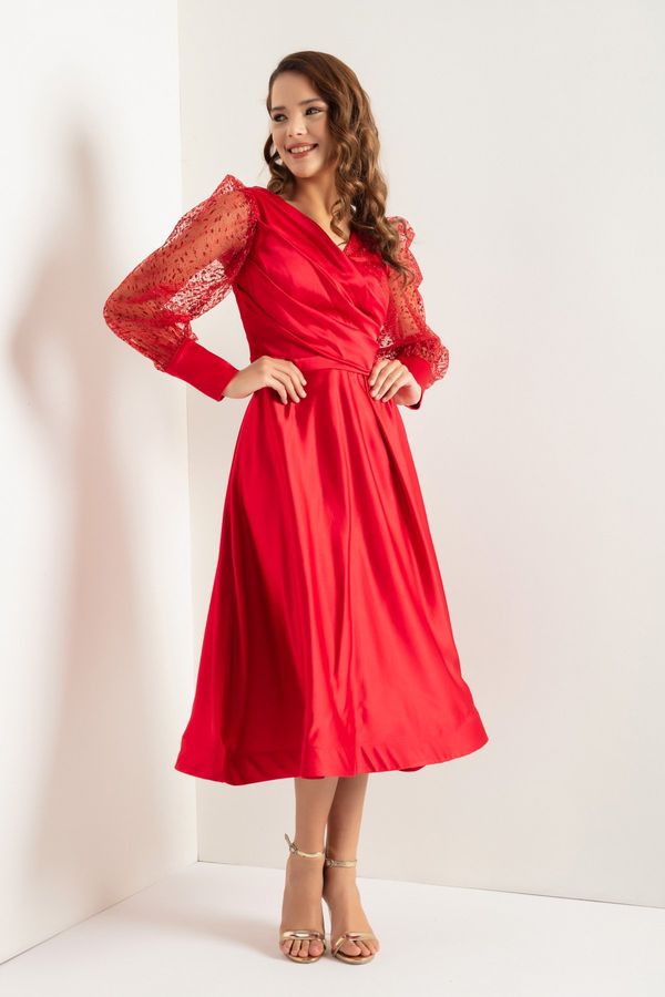 Lafaba Lafaba Women's Red Double Breasted Neck Silvery Midi Satin Evening Dress