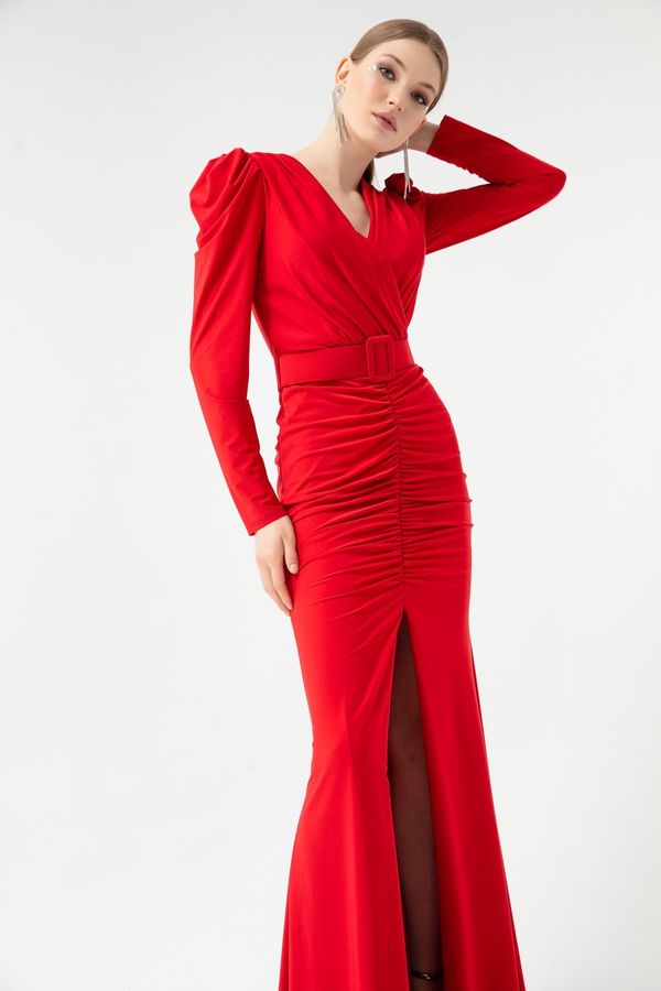 Lafaba Lafaba Women's Red Long Sleeve Double Breasted Neck Slit Evening Dress