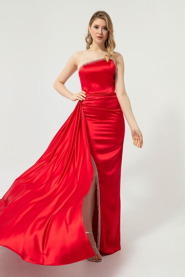 Lafaba Lafaba Women's Red One-Shoulder Long Satin Evening Dress with Stones.