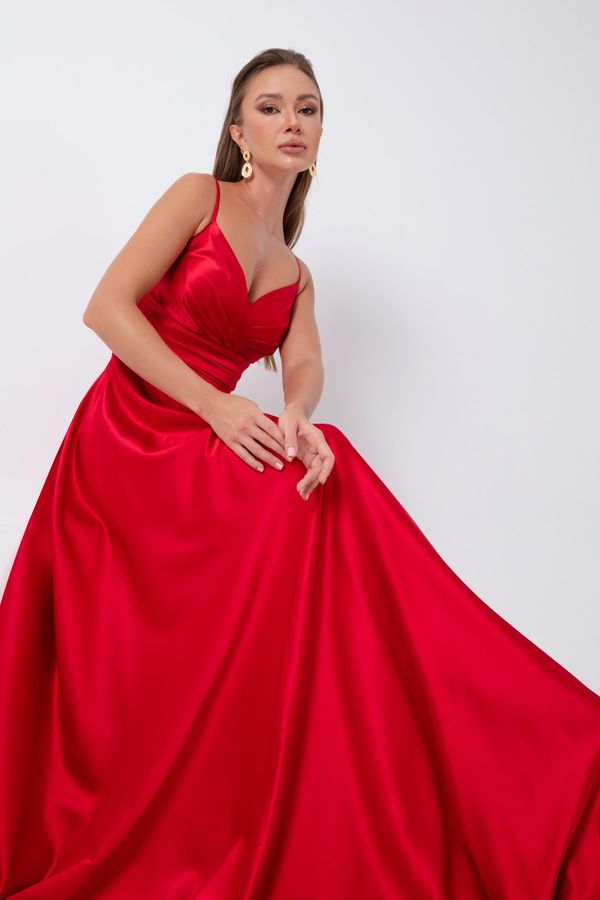 Lafaba Lafaba Women's Red Rope Strap Waist Belted Satin Long Evening Dress Graduation Dress