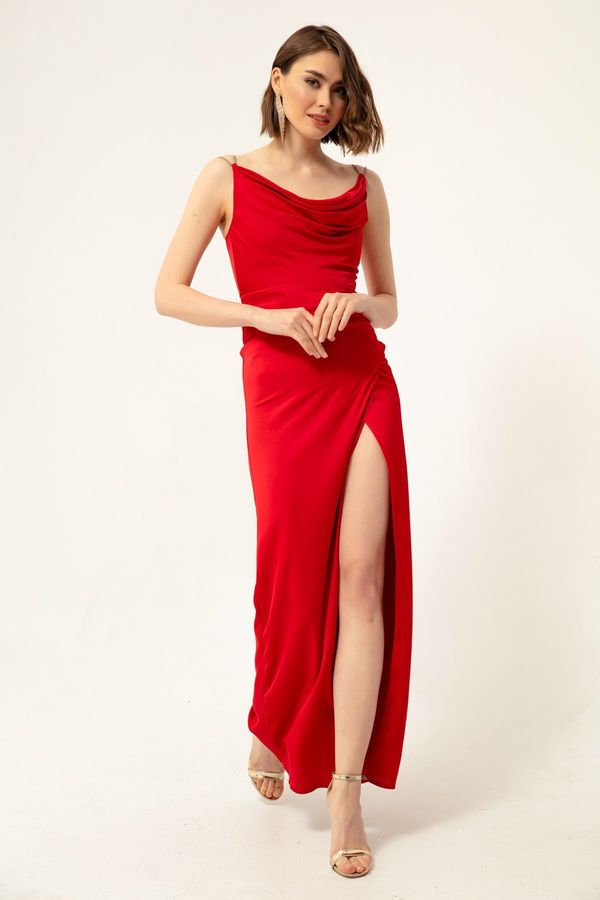 Lafaba Lafaba Women's Red Stone Strap Collared Collar Satin Evening Dress.