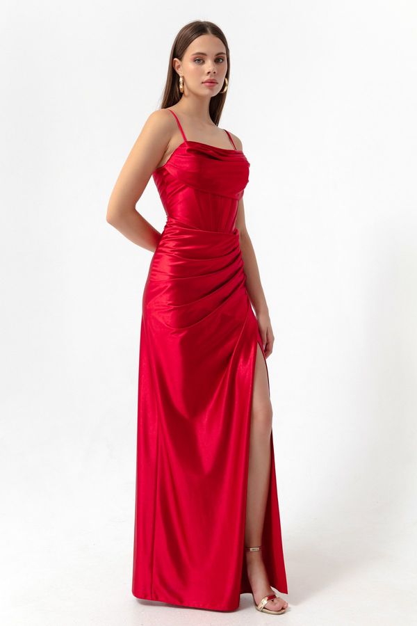 Lafaba Lafaba Women's Red Underwire Corset Detailed Long Slit Evening Dress.