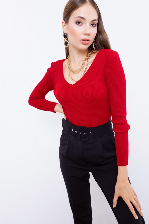 Lafaba Lafaba Women's Red V-Neck Knitwear Sweater