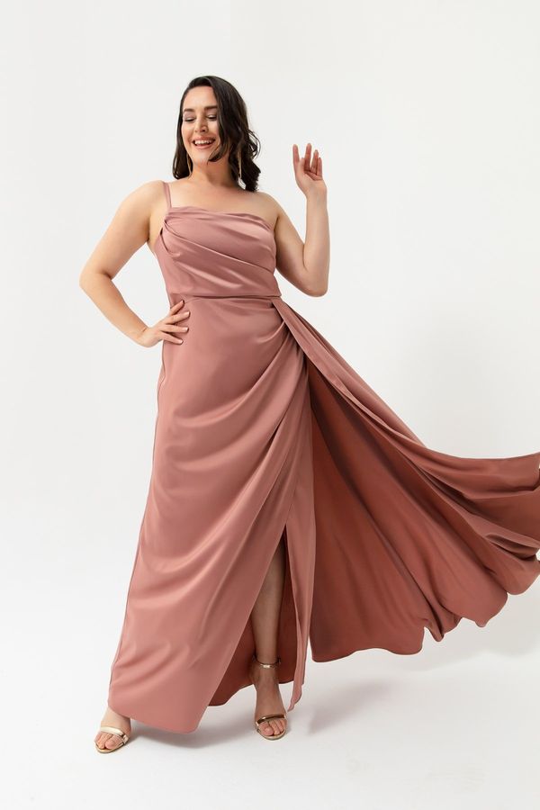Lafaba Lafaba Women's Salmon One-Shoulder Plus Size Satin Evening Dress & Prom Dress
