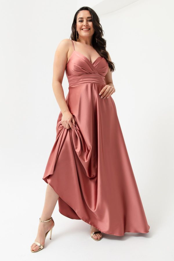 Lafaba Lafaba Women's Salmon Plus Size Satin Long Evening Dress & Prom Dress with Thread Straps