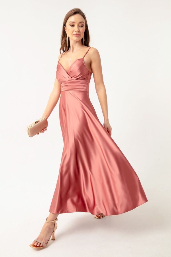 Lafaba Lafaba Women's Salmon Satin Midi Evening Dress With Thread Straps and Waist Belt