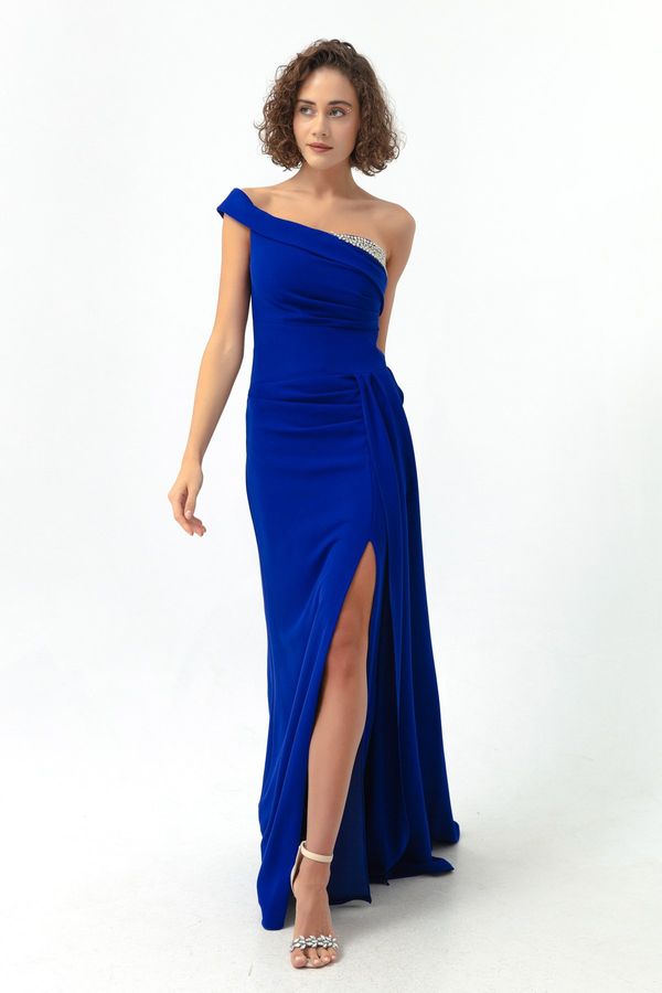 Lafaba Lafaba Women's Sax One-Shoulder Long Evening Dress with Stones.