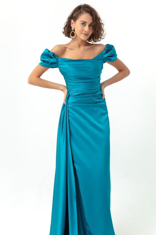 Lafaba Lafaba Women's Turquoise Bateau Neckline Long Satin Evening Dress & Graduation Dress