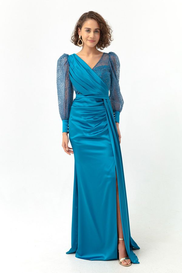 Lafaba Lafaba Women's Turquoise Double Breasted Neck Silvery Long Satin Evening Dress