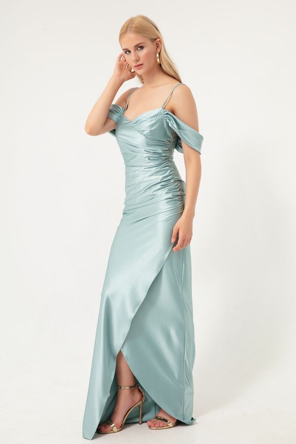 Lafaba Lafaba Women's Turquoise Evening Dress with Thin Straps, Double Breasted Collar and Slits.