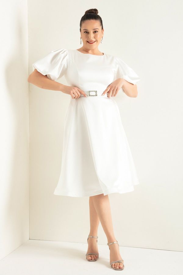 Lafaba Lafaba Women's White Balloon Sleeves Stony Belted Plus Size Satin Evening Dress