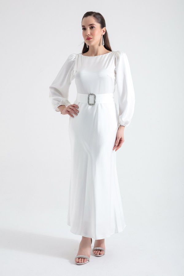 Lafaba Lafaba Women's White Belted Midi Satin Evening Dress
