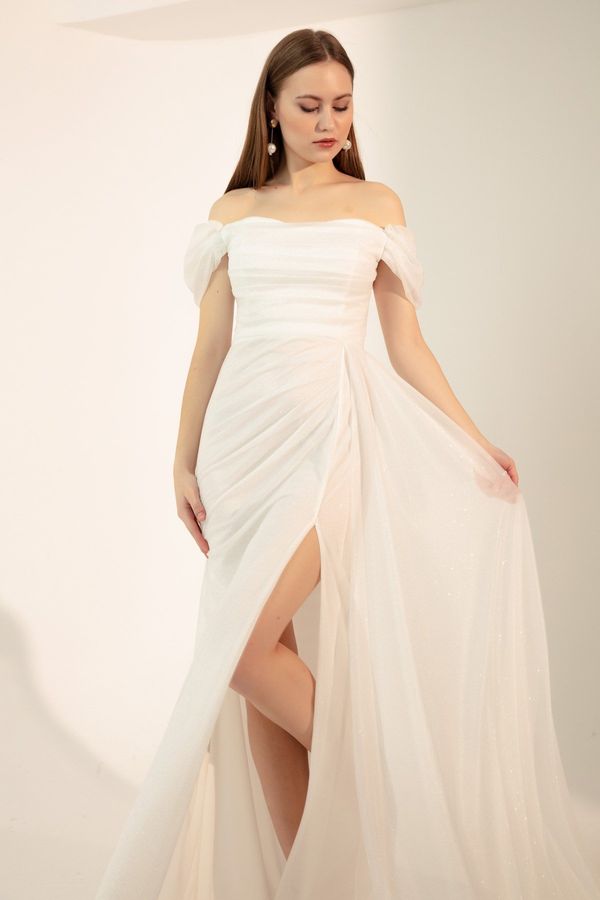 Lafaba Lafaba Women's White Boat Collar Draped Long Glittery Evening Dress with a Slit.